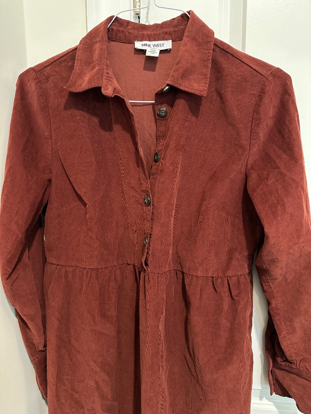 NINE WEST JEANS 100% Cotton Corduroy Shirt Dress Maroon Brick Red Pockets S